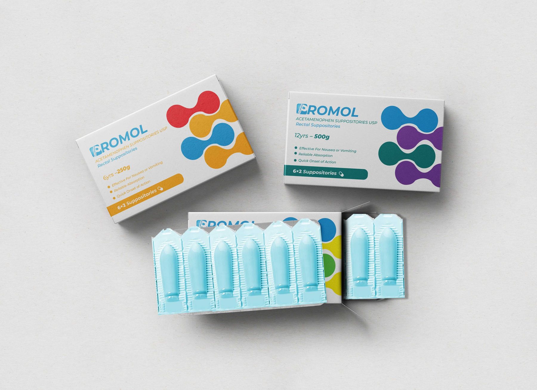 Two Promol suppository cartons and an open blister pack photographed from above on paper.